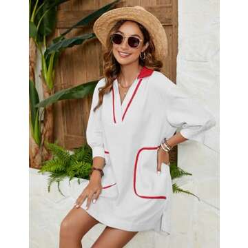 Ailoqing Swimsuit Coverup for Women V Neck 3/4 Sleeve Casual Shirt Dress with Pockets(White-XS)