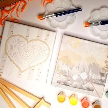 42HUES Couples Painting Kit Date Night - at Home Sip and Paint Kit for Adults and Kids - Pre Drawn Stretched Canvas for Date Night Party and Valentines Day - 5x5 inch - 2 Pack Bundle (S'Mores)
