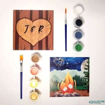 42HUES Couples Painting Kit Date Night - at Home Sip and Paint Kit for Adults and Kids - Pre Drawn Stretched Canvas for Date Night Party and Valentines Day - 5x5 inch - 2 Pack Bundle (S'Mores)