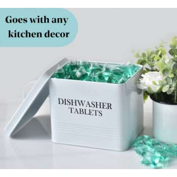 Farmhouse Dishwasher Pods Container with Lid – Metal Dishwasher Pod Holder for Kitchen Organization, Dish Pods Storage Box Holds Over 100 Pacs