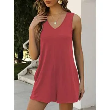 Nfsion Women's Summer V Neck Tank Top Romper Sleeveless Loose Casual Shorts Jumpsuit Overalls with Pockets 2025 Clothes Medium pink