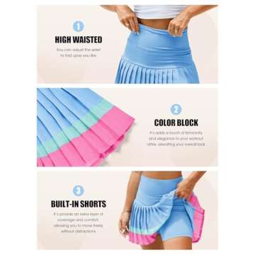 Fisoew Women's High Waisted Tennis Skirts Color Block Pleated Athletic Golf Skorts with Built in Shorts Blue