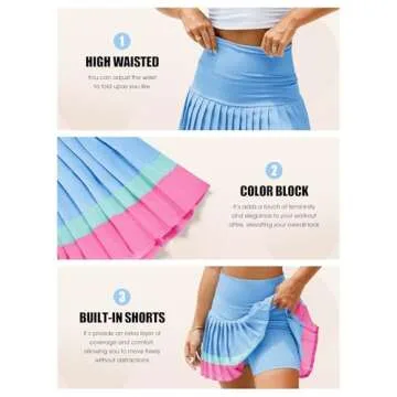 Fisoew Women's High Waisted Tennis Skirts Color Block Pleated Athletic Golf Skorts with Built in Shorts Blue