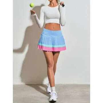 Fisoew Women's High Waisted Tennis Skirts Color Block Pleated Athletic Golf Skorts with Built in Shorts Blue