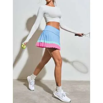 Fisoew Women's High Waisted Tennis Skirts Color Block Pleated Athletic Golf Skorts with Built in Shorts Blue
