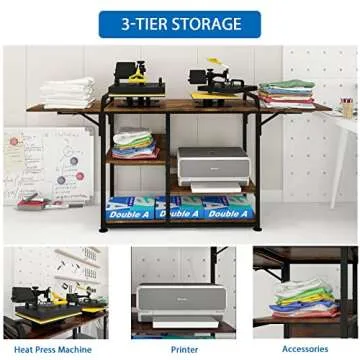 PUNCIA Large 3 Tier DIY Heat Transfer Press Machine Stands Heavy Duty Workbench with Folding Working Table for Sublimation Transfer Machine Metal Shelf Storage Organization