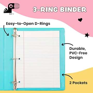Yoobi 1 Inch Cute Binder Set - 3 Ring Binders with Colorful Inserts for School and Office