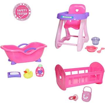 JC Toys Deluxe Doll Accessory Bundle | High Chair, Crib, Bath and Extra Accessories for Dolls up to 11" | Fits 11" La Baby & Other Similar Sized Dolls, Pink (81453)