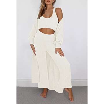 VamJump Women 3 Piece Outfits Lounge Set Tank Top High Waist Pants Kimono Cardigan Set,White,L