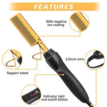 Electric Hot Comb Hair Straightener, Deluxe Electrical Straightening Comb Curling Iron for Natural Black Hair Wigs, Hot Comb Electric for Wigs Pressing Combs with Wig Glue Melting Spray Hair Wax Stick