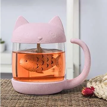 BigNoseDeer Cat Tea Cup Cute Tea Mug Glass Tea Pot with Fish Tea Infuser for Loose Leaf Tea (Pink 8o...