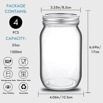 YEBODA 4 Pack Wide Mouth Mason Jars 32oz Glass Canning Jars with Airtight Lids and Bands for Preserving, Jam, Honey, Jelly, Wedding Favors, Sauces, Meal Prep, Overnight Oats, Salad, Yogurt