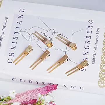 Wobe 1.8" Hairdressing Double Prong Curl Clips, 50pcs Metal Alligator Clips Hairpins for Hair Bow Great Pin Curl Clip, Styling Clips for Hair Salon, Barber (Gold)
