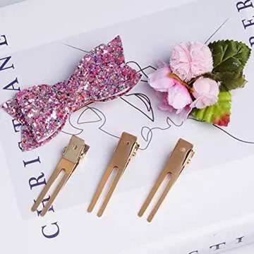 Wobe 1.8" Hairdressing Double Prong Curl Clips, 50pcs Metal Alligator Clips Hairpins for Hair Bow Great Pin Curl Clip, Styling Clips for Hair Salon, Barber (Gold)