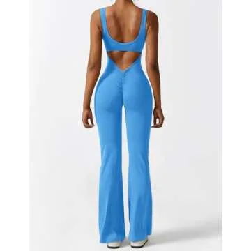 YEOREO Women Sleeveless Flare Jumpsuits Sexy Backless Gym Bodycon Scrunch Butt Yoga Rompers V Back Lizvette Blue X-Large