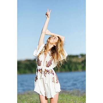 R.Vivimos Boho Floral Embroidered Deep V Neck Dress