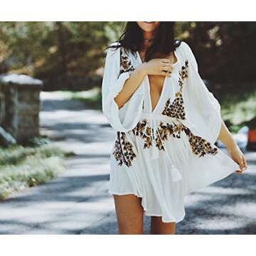 R.Vivimos Boho Floral Embroidered Deep V Neck Dress