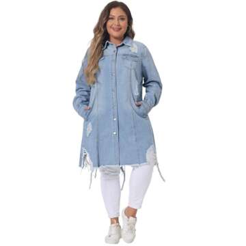 Agnes Orinda Jean Jacket for Women Plus Size Distressed Long Sleeve Oversized Denim Trucker Jackets 3X Light Blue
