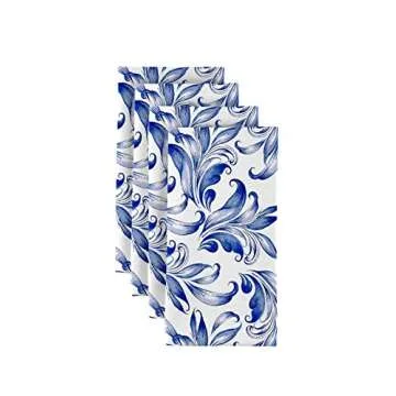 Fabric Textile Products | Blue Traditonal Leaves Cloth Napkins | Classic Floral 18" x 18" Dinner Nap...