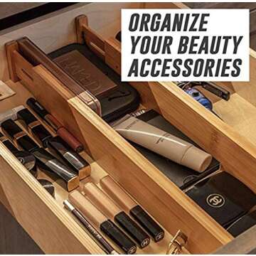 Lawei 4 Pack Bamboo Drawer Dividers - Adjustable Expandable Drawer Organizers for Kitchen, Bathroom & Office