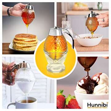 Hunnibi Glass Syrup Dispenser for Pancakes - Honey Dispenser No Drip Glass with Stand, Honey Glass Container, Glass Honey Dispenser, No Drip Honey Dispenser Glass, Syrup Dispenser, Syrup Bottle 8 oz
