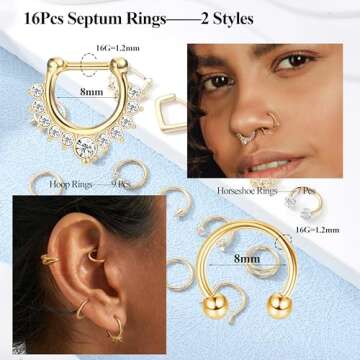 Besteel Hypoallergenic Gold Septum Rings 16G 8mm Surgical Steel Clicker Nose Rings Hoops Set Small L...