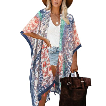 Moss Rose Women Boho Print Kimono Cardigan Loose Cover Up Casual Blouse Tops