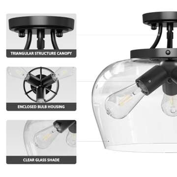 VONLUCE Semi Flush Mount Ceiling Light, 13.8" Ceiling Light Fixture with Clear Glass Shade, E26 Base, 3-Bulb Industrial Ceiling Light for Hallway Entryway Kitchen Bedroom, Matte Black