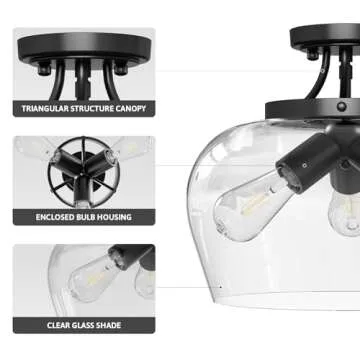 VONLUCE Semi Flush Mount Ceiling Light, 13.8" Ceiling Light Fixture with Clear Glass Shade, E26 Base, 3-Bulb Industrial Ceiling Light for Hallway Entryway Kitchen Bedroom, Matte Black