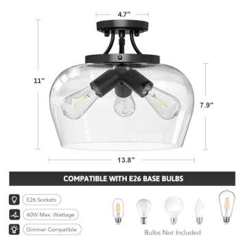 VONLUCE Semi Flush Mount Ceiling Light, 13.8" Ceiling Light Fixture with Clear Glass Shade, E26 Base, 3-Bulb Industrial Ceiling Light for Hallway Entryway Kitchen Bedroom, Matte Black