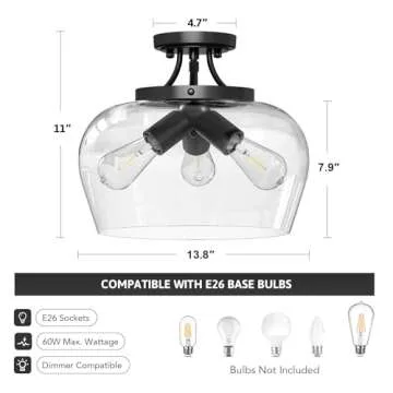 VONLUCE Semi Flush Mount Ceiling Light, 13.8" Ceiling Light Fixture with Clear Glass Shade, E26 Base, 3-Bulb Industrial Ceiling Light for Hallway Entryway Kitchen Bedroom, Matte Black