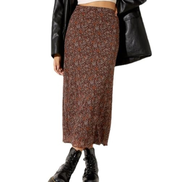 Avanova Women Brown Floral Boho High Waist Midi Skirt - Summer A-Line Style