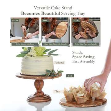 BlackRidge Home 12 inch Acacia Wood Cake Stand - Rustic Artisan Carved Tall Wooden Pedestal Stand - Ideal Birthday or Rustic Wedding Cake Stand, Cupcake Stand or Farmhouse Rustic Cake Stand for Decor