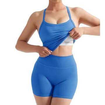 SUUKSESS Women 2 Piece Workout Sets High Waisted Tummy Control Biker Shorts Halter Backless Tank Tops Padded Sports Bras (Sapphire, S)