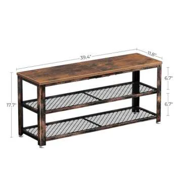 Rolanstar Shoe Bench, 3-Tier Shoe Rack, 39.4” Storage Entry Bench with Mesh Shelves Wood Seat, Rustic Foyer Bench for Hallway Front Door, Doorway, Living Room, Mudroom, Steel Frame, Rustic Brown