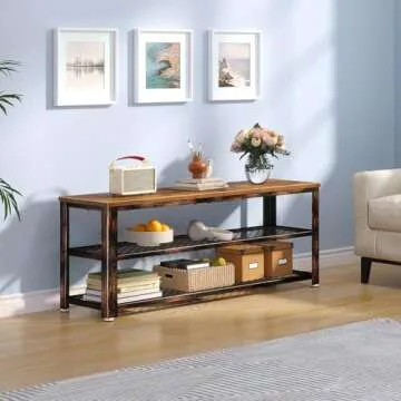 Rolanstar Shoe Bench, 3-Tier Shoe Rack, 39.4” Storage Entry Bench with Mesh Shelves Wood Seat, Rustic Foyer Bench for Hallway Front Door, Doorway, Living Room, Mudroom, Steel Frame, Rustic Brown