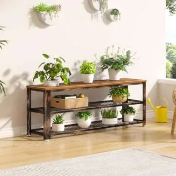 Rolanstar Shoe Bench, 3-Tier Shoe Rack, 39.4” Storage Entry Bench with Mesh Shelves Wood Seat, Rustic Foyer Bench for Hallway Front Door, Doorway, Living Room, Mudroom, Steel Frame, Rustic Brown