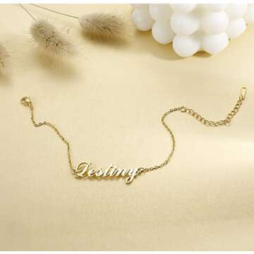 Jewenova Custom Name Bracelet 18K Gold Plated Cuban Chain Figaro Chain Name Bracelets Personalized Jewelry for Gift for Women