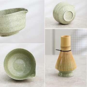 Ochcahser Matcha Set, Japanese Tea Set Includes Matcha Bowl with Spout, Matcha Whisk Holder, Bamboo Matcha Whisk and Bamboo Scoop, 17 oz Mottled Tea Green Glaze Ceramic Matcha Kit for Tea Lovers