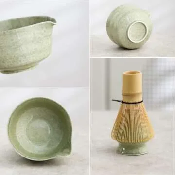 Ochcahser Matcha Set, Japanese Tea Set Includes Matcha Bowl with Spout, Matcha Whisk Holder, Bamboo Matcha Whisk and Bamboo Scoop, 17 oz Mottled Tea Green Glaze Ceramic Matcha Kit for Tea Lovers