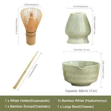 Ochcahser Matcha Set, Japanese Tea Set Includes Matcha Bowl with Spout, Matcha Whisk Holder, Bamboo Matcha Whisk and Bamboo Scoop, 17 oz Mottled Tea Green Glaze Ceramic Matcha Kit for Tea Lovers