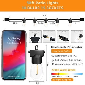 50ft Outdoor String Lights Waterproof Hedynshine S14 LED