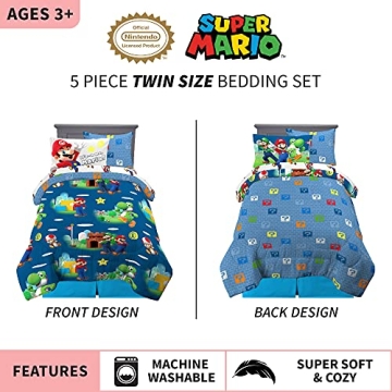 Franco Super Mario Kids Bedding Set, 5 Piece Twin Size