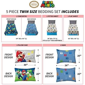 Franco Super Mario Kids Bedding Set, 5 Piece Twin Size