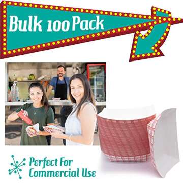 Upper Midland Products Paper Hot Dog Food Tray, 100 Durable Grease Proof 3LB Paperboard Nachos Carnival Concession Stand Serving Boat Basket Holders for Fries, Popcorn or Snacks