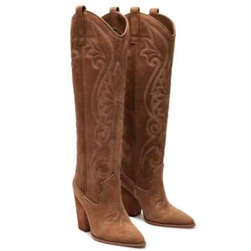Stylish WIRALOMI Cowgirl Boots for Women - Embroidered Chunky Block Heel Knee High Boots