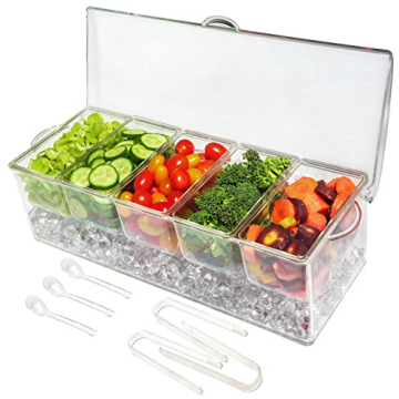 Ice Chilled 5 Compartment Condiment Server Caddy - Serving Tray Container with 5 Removable Dishes with Over 2 Cup Capacity Each and Hinged Lid | 3 Serving Spoons + 3 Tongs Included