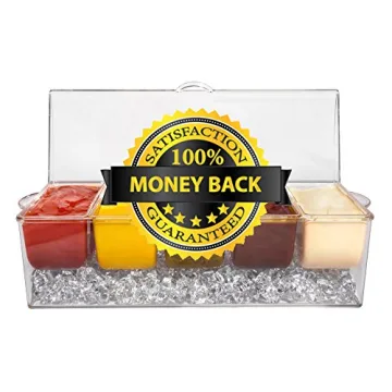 Ice Chilled 5 Compartment Condiment Server Caddy - Serving Tray Container with 5 Removable Dishes with Over 2 Cup Capacity Each and Hinged Lid | 3 Serving Spoons + 3 Tongs Included