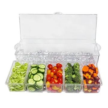 Ice Chilled 5 Compartment Condiment Server Caddy - Serving Tray Container with 5 Removable Dishes with Over 2 Cup Capacity Each and Hinged Lid | 3 Serving Spoons + 3 Tongs Included