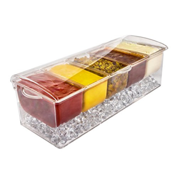 Ice Chilled 5 Compartment Condiment Server Caddy - Serving Tray Container with 5 Removable Dishes with Over 2 Cup Capacity Each and Hinged Lid | 3 Serving Spoons + 3 Tongs Included